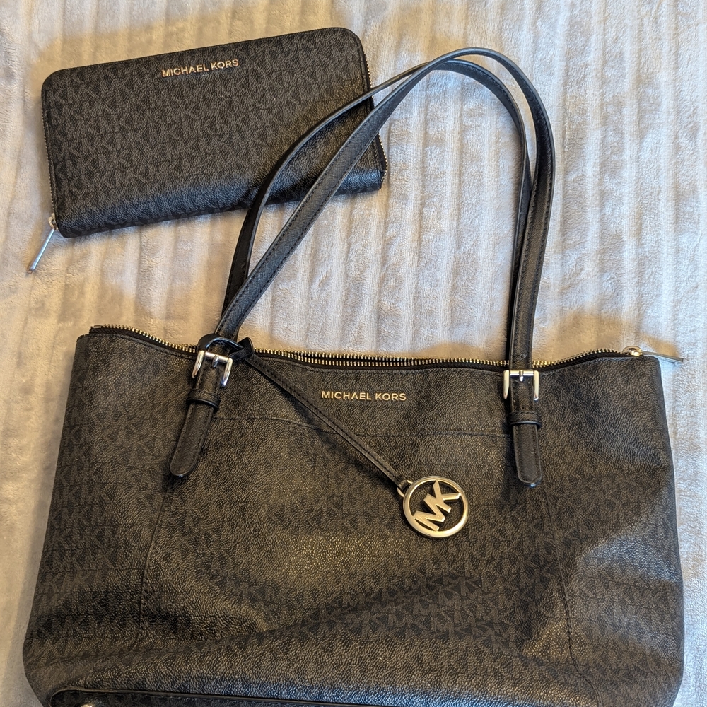 Michael Kors Black MK Logo Tote Bag with Wallet